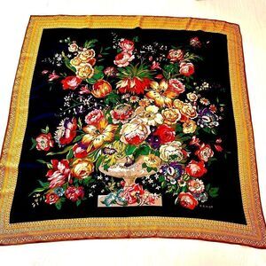 Vintage Echo traditional floral rich jewel tone scarf black gold red  35” sq